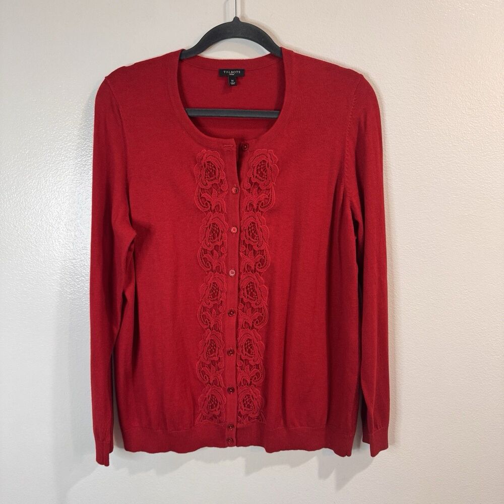 Talbots Cardigan Sweater 1X Red Floral Lace Button Front Cotton Wool Knit